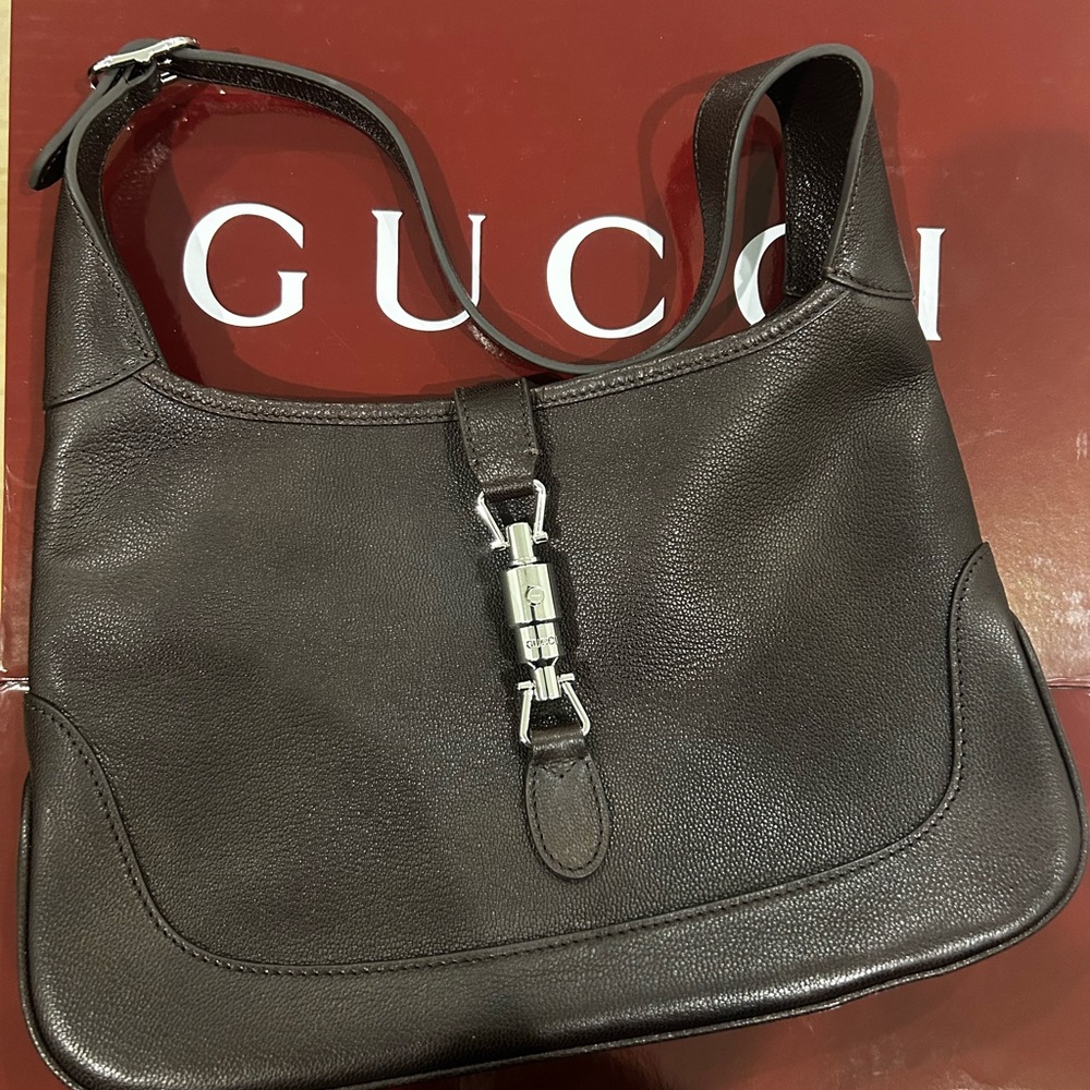Dark Brown Leather Shoulder Bag with Silver Hardware